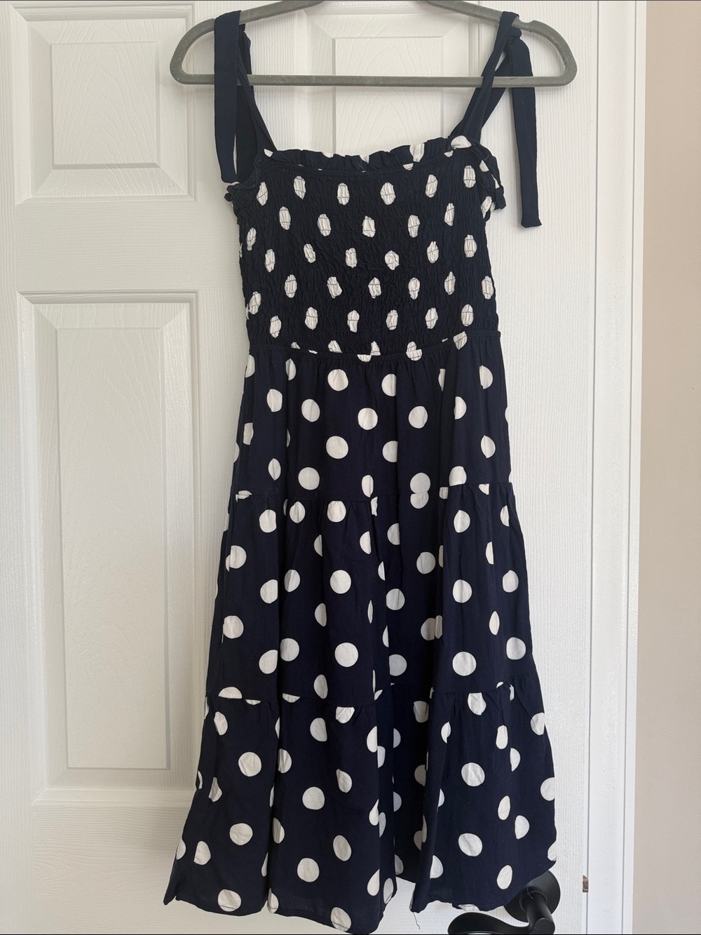 Monteau Navy Blue and White Polka Dot Tie-Shoulder Sundress